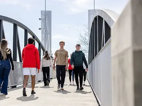 people walking on a bridge